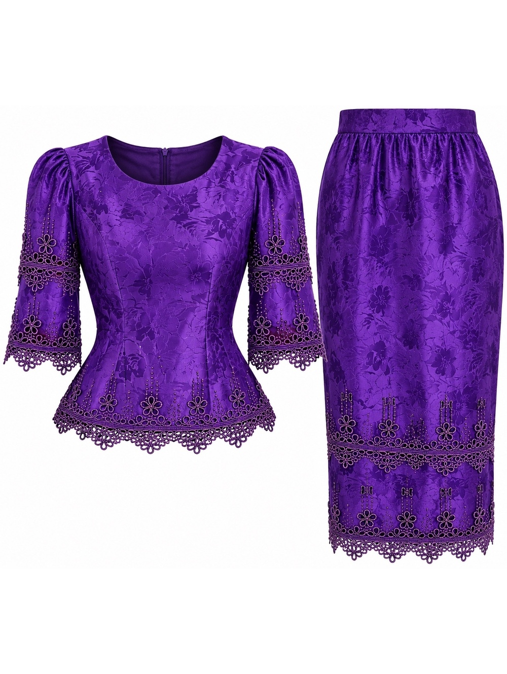 Purple Silk Floral Top & Skirt Set